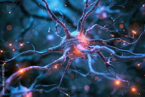 This computer-generated image showcases a striking neme adorned with lush foliage in remarkable detail, Stylised representation of a neuron, AI Generated