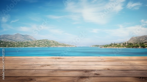 Serene Coastal Scene: Wooden Table Against Island Horizon & Azure Sky   Canon RF 50mm f/1.2L USM © Nazia