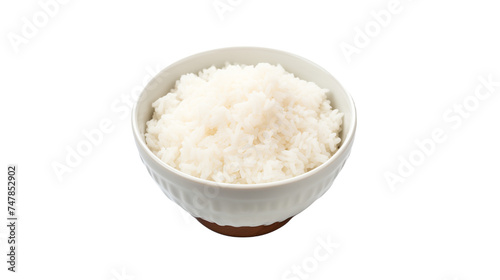 Cooked Fluffy White Rice in a Ceramic Bowl Over White Background