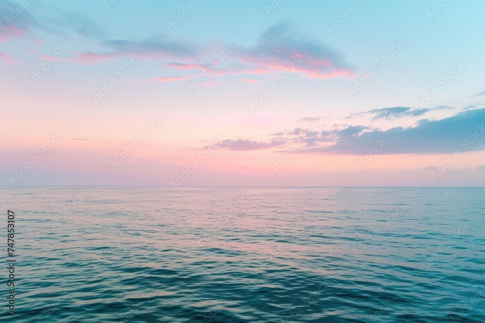 A photograph showing a vast body of water reflecting the colors of a cloudy sky at sunset, Subtle hues of a dusk sky over an open ocean, AI Generated