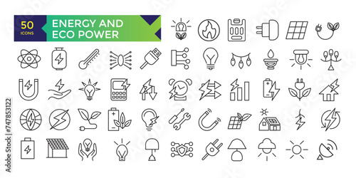Energy and ECO Power Icon Set In Outline Style. Green Energy, Renewable Energy and Other Icons photo