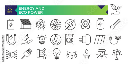 Energy and ECO Power Icon Set In Outline Style. Green Energy, Renewable Energy and Other Icons