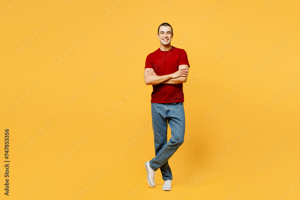 Full body smiling happy young middle eastern man he wear red t-shirt ...