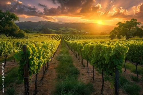 The golden sun casts a warm glow on the rows of vineyards as it sets in the distance, Sun setting over a peaceful lush vineyard, AI Generated