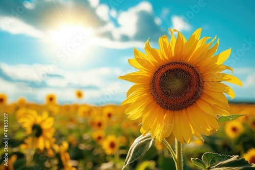 A massive sunflower towers over a sprawling field of sunflowers  adding a striking focal point to the vibrant scene  Sunflower field under the dazzling summer sun  AI Generated