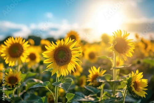A field filled with vibrant yellow sunflowers, bathed in golden sunlight as the sun shines in the background, Sunflower field under the dazzling summer sun, AI Generated