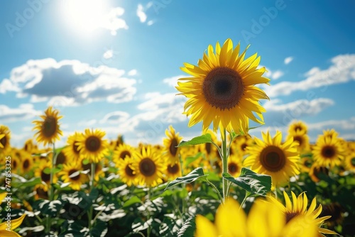 A stunning field of sunflowers stretches across the landscape, vibrant and colorful, under a clear blue sky, Sunflower field under the dazzling summer sun, AI Generated