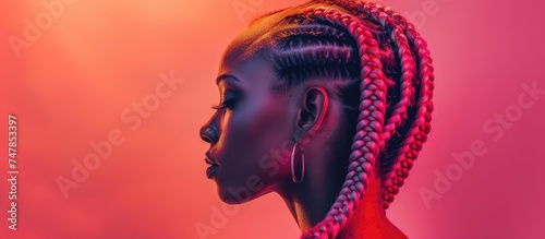 A woman with braids styled with pink kanekalon is standing confidently in a striking red dress. Her hair is intricately braided, adding a unique touch to her appearance.