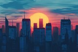 In this photo, the sun sets behind a city skyline, casting a warm glow on the towering downtown buildings, Sunset drawing out silhouettes of city skyscrapers, AI Generated