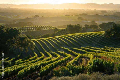 A vineyard in the hills basks in the bright sunlight as the sun shines down over rows of vines, Sunrise casting long shadows over a peaceful vineyard, AI Generated