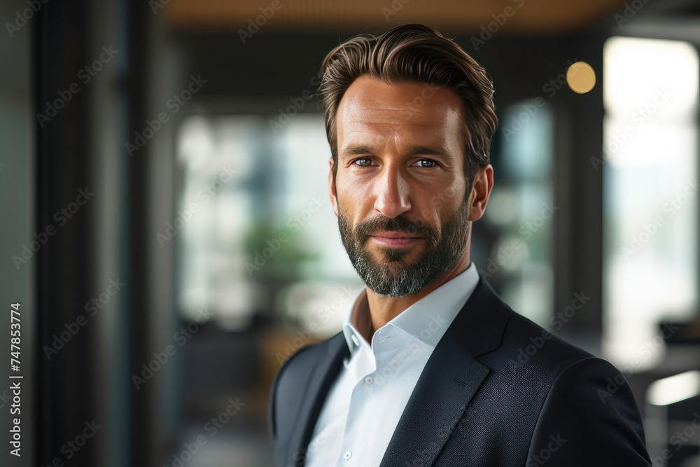 Charismatic professional businessman with beard wearing modern suit in modern office environment Charismatic professional businessman with beard wearing modern suit in modern office environment