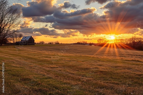 A serene sunset illuminates a field with a barn in the distance, creating a peaceful ambiance, Sunset over the fields on Thanksgiving day with farmhouse in the background, AI Generated