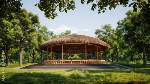 Large open-air stage scene design, open-air thatched stage built on an open lawn with audience seating, stage for summer open-air concerts, © Rozeena