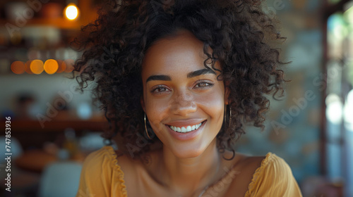 A woman with curly hair exuding happiness and confidence in a comfortable café setting