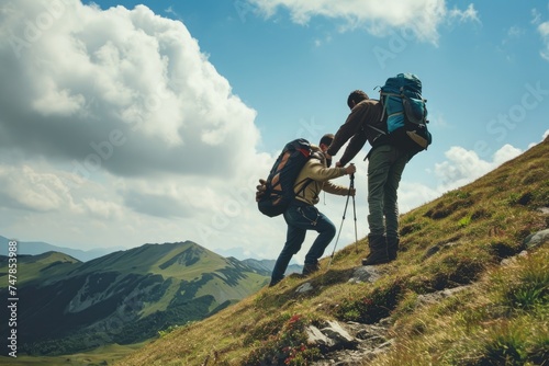 Two individuals wearing backpacks ascend a steep hill, displaying determination and strength, Supportive friend aiding a struggling hiker on their way to the mountaintop, AI Generated