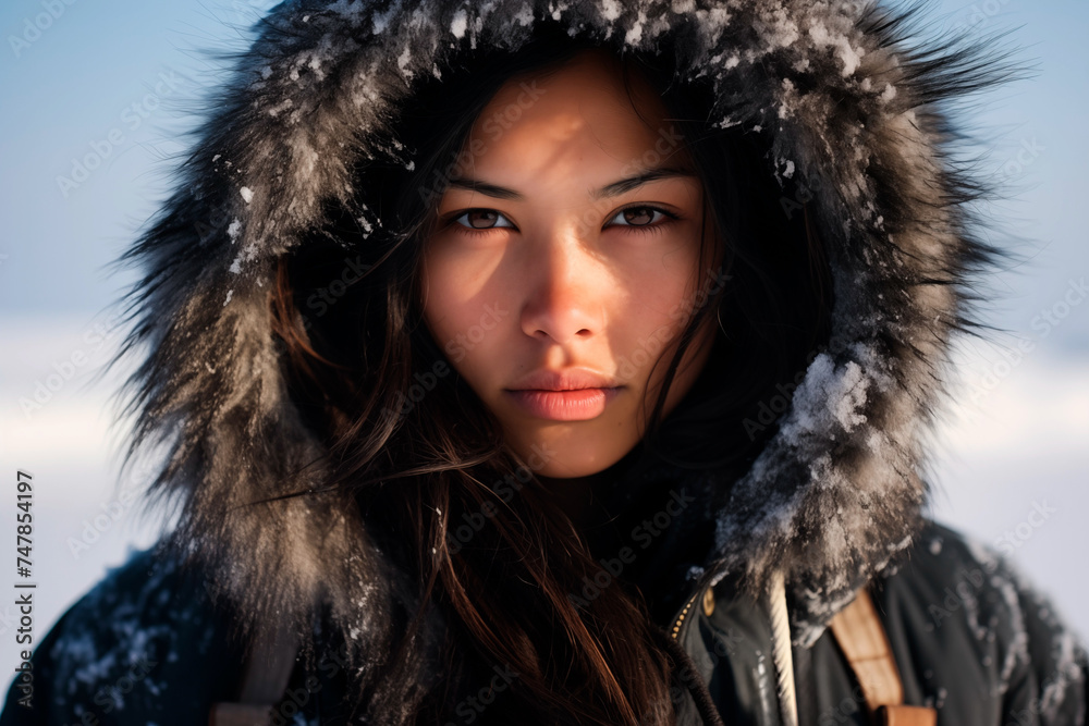 Beautiful Inuit woman wearing a fur-trimmed hooded jacket Beautiful Inuit woman wearing a fur-trimmed hooded jacket