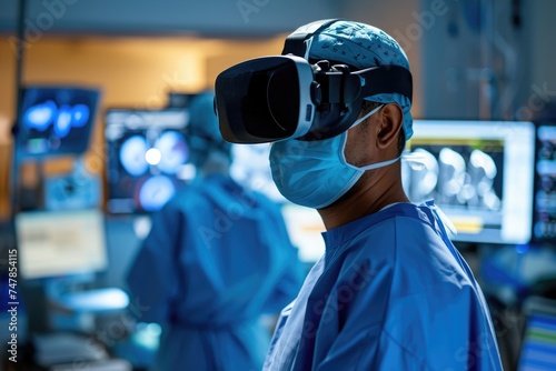 A group of doctors, wearing scrubs and surgical masks, expertly attending to patients in a hospital setting, Surgeon practicing procedure in a VR surgical simulation, AI Generated
