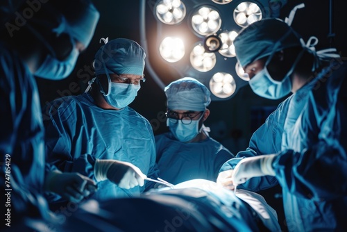 A team of medical professionals, including doctors and nurses, are engaged in the process of performing surgery on a patient in an operating room, Surgeons performing a robotic surgery, AI Generated