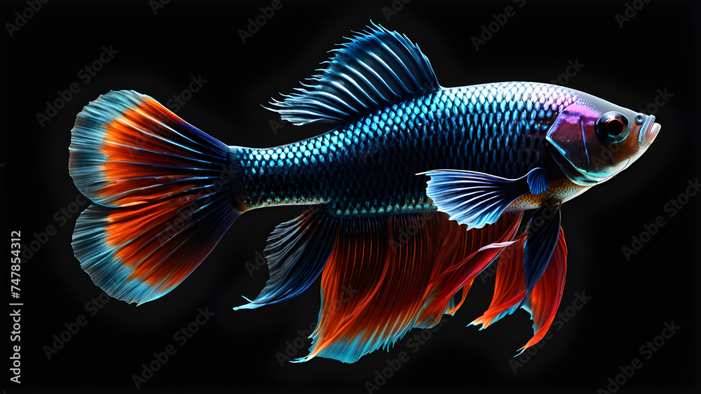 Fototapeta premium a pet animal beta ta fish on black background. fish on a black. betta fish illustration. betta fish portrait. pet fish