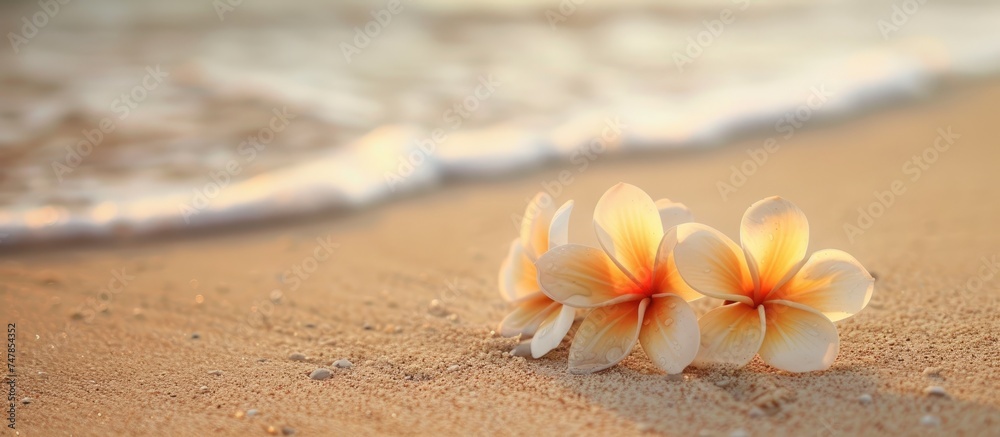 Two vibrant plumeri flowers are placed delicately on the soft sand of a serene beach, showcasing their elegant beauty against the natural backdrop. Two vibrant plumeri flowers are placed delicately on the soft sand of a serene beach, showcasing their elegant beauty against the natural backdrop.
