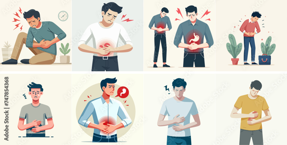Vector set of people having stomach aches with a simple and minimalist flat design style - obrazy, fototapety, plakaty 