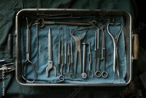 A metal tray filled with a diverse assortment of tools, offering a comprehensive selection for various tasks, Surgical tools arranged in a tray, AI Generated photo