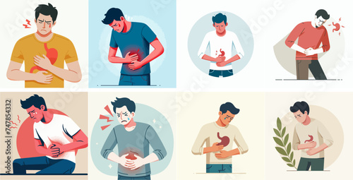 Vector set of people having stomach aches with a simple and minimalist flat design style photo