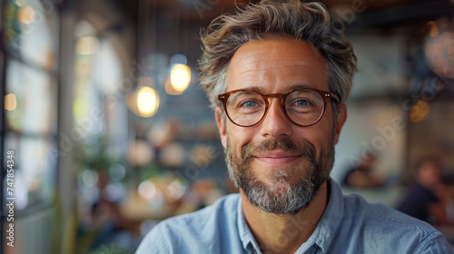 Handsome man with salt-and-pepper hair and glasses smiling in a modern restaurant photo