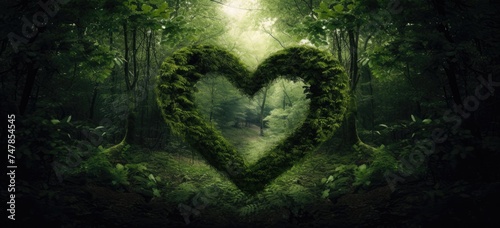 A khaki wooden heart, delicately placed in the calm of the forest, is framed by a softly blurred natural background.