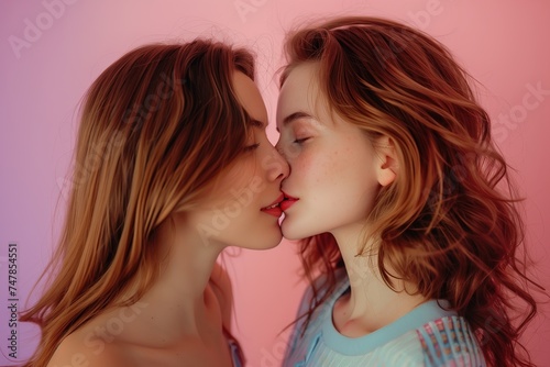 two young women give each other a kiss of love