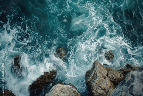 This photo captures a birds-eye view of the expansive ocean with crashing waves and rugged rocks along the coast, Surreal overhead scenery of soft sea waves dashing against rough rocks, AI Generated © Iftikhar alam