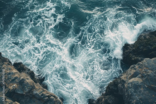 Aerial View of a Lake Surrounded by Green Forests and Mountains, Surreal overhead scenery of soft sea waves dashing against rough rocks, AI Generated
