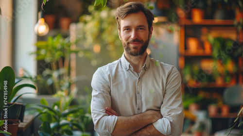 Charming man with beard and casual white shirt posing with arms folded in a green indoor setting