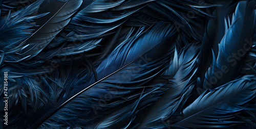 a dark blue background with a black feather stock photo