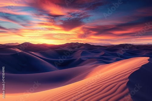 The sun is seen slowly descending below the horizon, illuminating the vast expanse of a desert landscape with a warm golden light, Sweeping desert dunes under an intense sunset, AI Generated