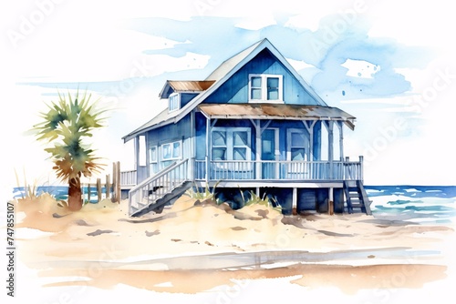 a watercolor of a house on a beach