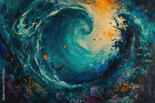 Painting of Blue and Yellow Swirl on Canvas, Swirling colors of a deep sea, teeming with marine life, AI Generated © Iftikhar alam