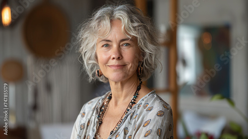 Confident mature woman with silver hair smiling calmly in a casually elegant setting