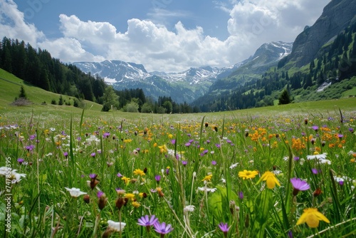 Colorful Field of Flowers With Majestic Mountains in the Background, Swiss alpine meadow filled with wildflowers, AI Generated