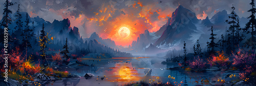  castle in the middle of a lake surrounded by trees, A painting of a sunset over a mountain range with 