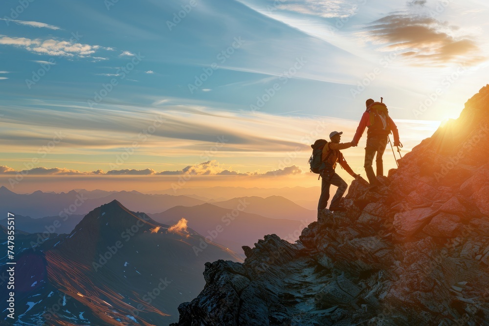 Adventurous Couple Standing on Moussala Peak in Rila Mountains, Bulgaria, Symbol of friendship reflected in a hiker encouraging his friend to aim for the top, AI Generated