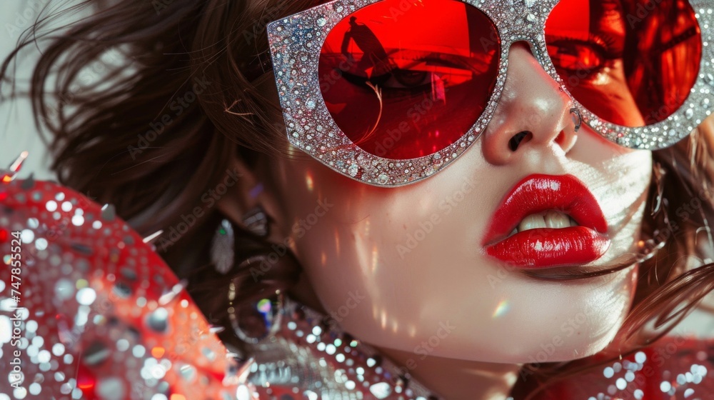 A detailed view of a persons face wearing vibrant red sunglasses, showcasing a stylish and trendy accessory