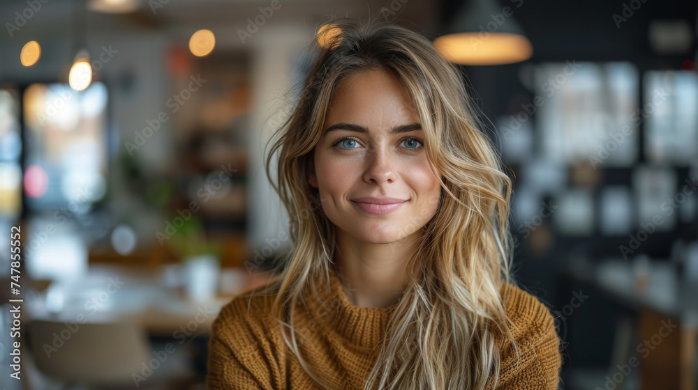 A young blonde woman with a warm smile, comfortably seated in a cozy cafe with a blurred background - obrazy, fototapety, plakaty 