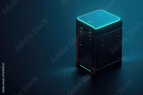 A black box with a glowing blue light on top, emitting a soft and steady illumination, Symbolic representation of the storage capacity of a NAS device, AI Generated photo