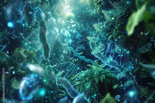 A vivid digital painting depicting various plants surrounded by bubbles, creating a lively and captivating garden scene, Synthetic biology concept revealing a manufactured ecosystem, AI Generated