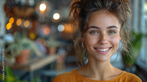 Charming young woman with infectious smile and sparkling eyes in a greenery-filled cafe