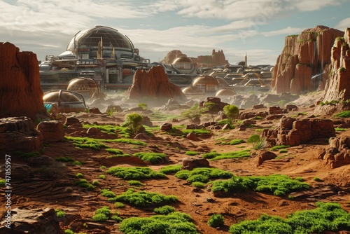 A view of a technologically advanced city nestled amidst verdant vegetation and rugged rock formations, Terraformed Martian landscape with settlements and greenery, AI Generated