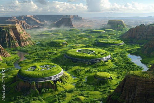Aerial View of a Lush Green Valley With Curving River and Rolling Hills, Terraformed Martian landscape with settlements and greenery, AI Generated photo