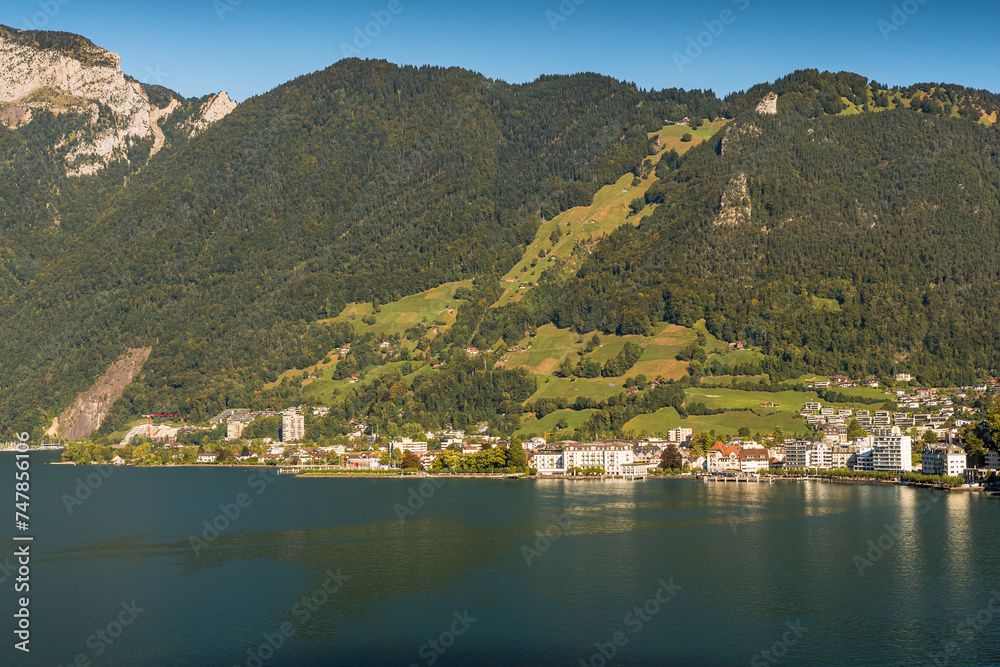 View over Lake Lucerne to the village of Brunnen, Canton of Schwyz, Switzerland