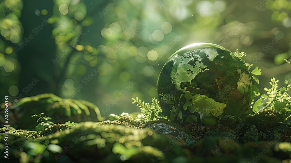 Earth Day celebration: A green globe nestled in a forest with moss, bathed in defocused abstract sunlight Earth Day celebration: A green globe nestled in a forest with moss, bathed in defocused abstract sunlight